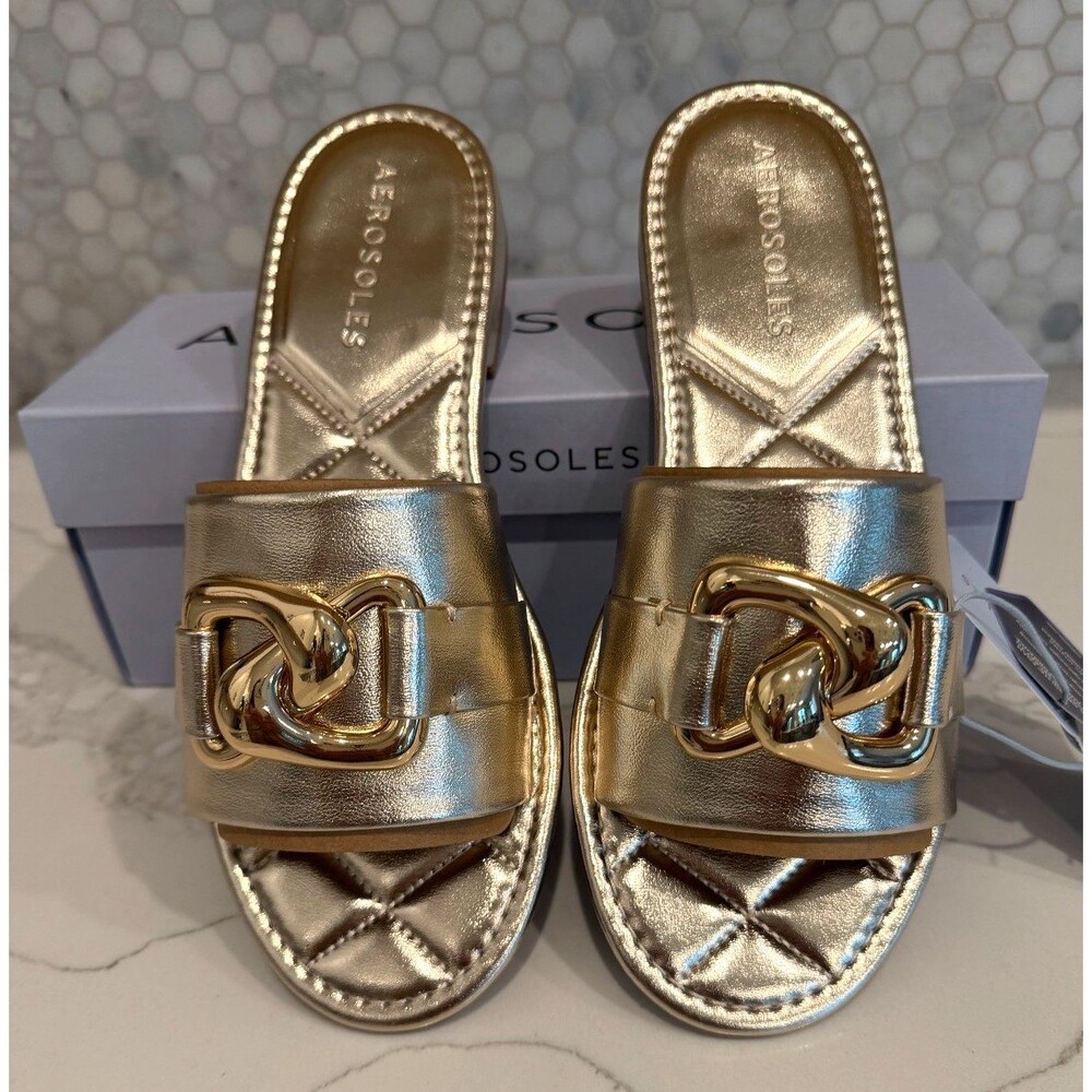 Aerosole Big Charm Women's Gold Comfort Slip-on Sandal Brand New Size 10